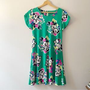 Kaari Blue Bright Green Floral Pop Art Colorful Puff Sleeve Mini Dress Small